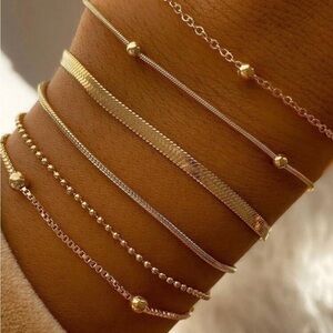 Gold 6pc Beaded Chain Bracelet Set